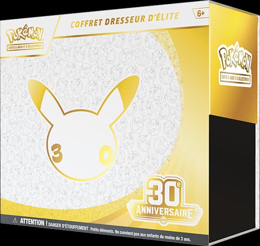 Le Coffret Dresseur d'élite (ETB) 30ᵉ Anniversaire, boîte blanche et dorée ornée d'un Pikachu stylisé